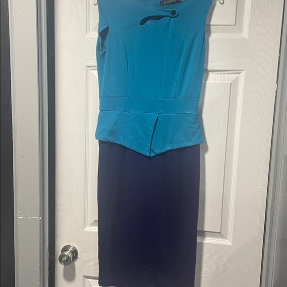 Worthington Teal and Navy Two-Tone Peplum Midi Dress - Picture 2 of 2